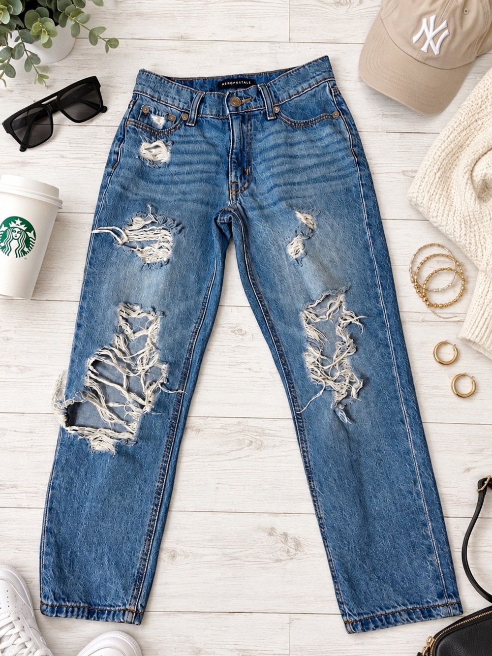 Aeropostale Women's Ripped Medium Blue High-Rise Mom Jeans